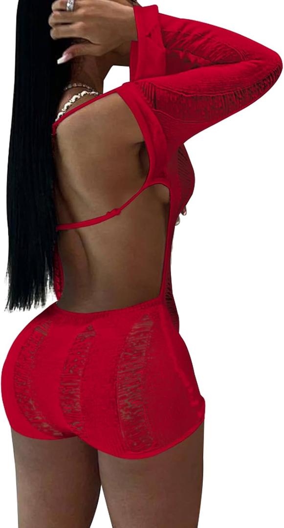 Women Sexy Off Shoulder Crochet Knitted Hollow Out Long Sleeve Romper Backless Bodycon Party Club Night Rompers (Small, Red)