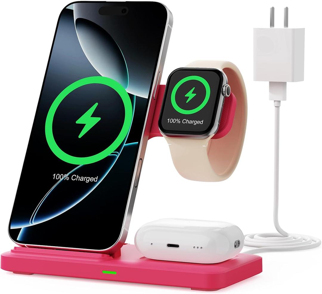 3 in1 Wireless Charger for iphoneAir17 16 15 14 13 12 11 XR 8, Apple Charging Station for AppleWatch 10/9/Ultra/8/7/SE/6/5/4 & AirPods Series, Wireless Charging Station for Multiple Devices Apple (Red)