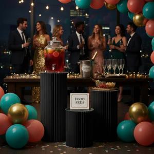 Cylinder Stands for Party, Shape&Use 3PCS Round Black Pedestal Display Stands, Foldable Cardboard Columns for Wedding, Birthday, Anniversary Decor, 11.8in Dia. (15.7/23.6/31.5in H) with Storage Bag