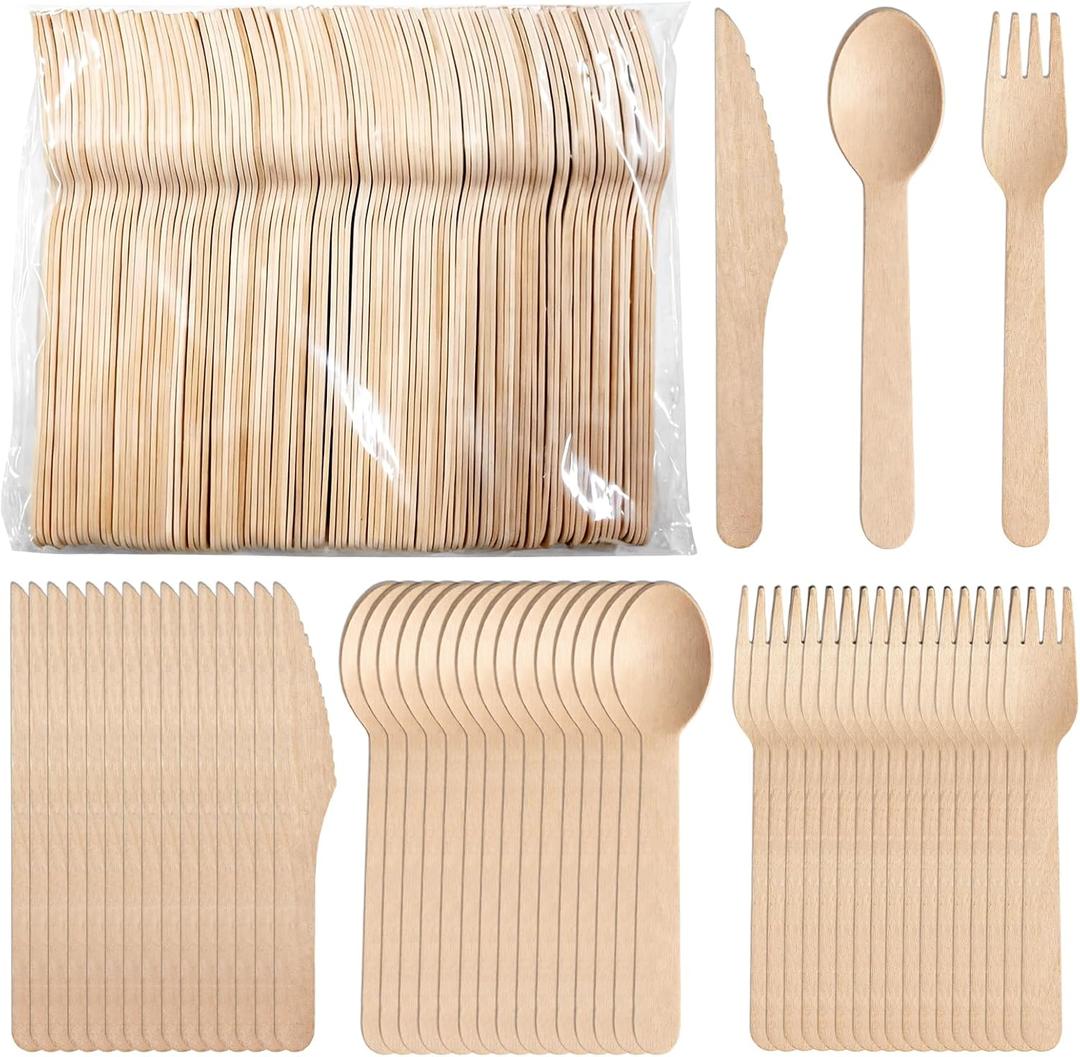 Compostable Wooden Cutlery Set, 500 Pack Disposable Wood Utensils (200 Spoons, 200 Forks, 100 Knives), Biodegradable Wood Utensils for Party, Picnic and Events