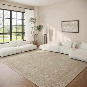 Washable Living Room Area Rugs: 6'x9' Large Rug Stain Resistant Distressed Vintage Boho Rug Non Slip Low Pile Faux Wool Soft Rug for Kitchen Dining Room Nursery Kids Playroom Farmhouse Bedside Bedroom (Brown and Beige)