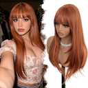 Ginger Wig for Women Long Straight Layered Wigs with Bangs 26 Inches Orange Wig with Bangs Synthetic Wigs for White Women Natural Looking Hair Replacement Wig for Girls Daily Party Use