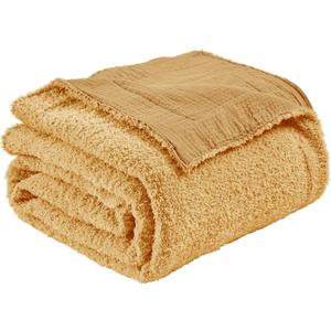 EMME Muslin and Fleece Throw Blanket Reversible - 50"*60" Beige Soft Warm Throw Blankets for Couch Bed Picnic Travel Bed