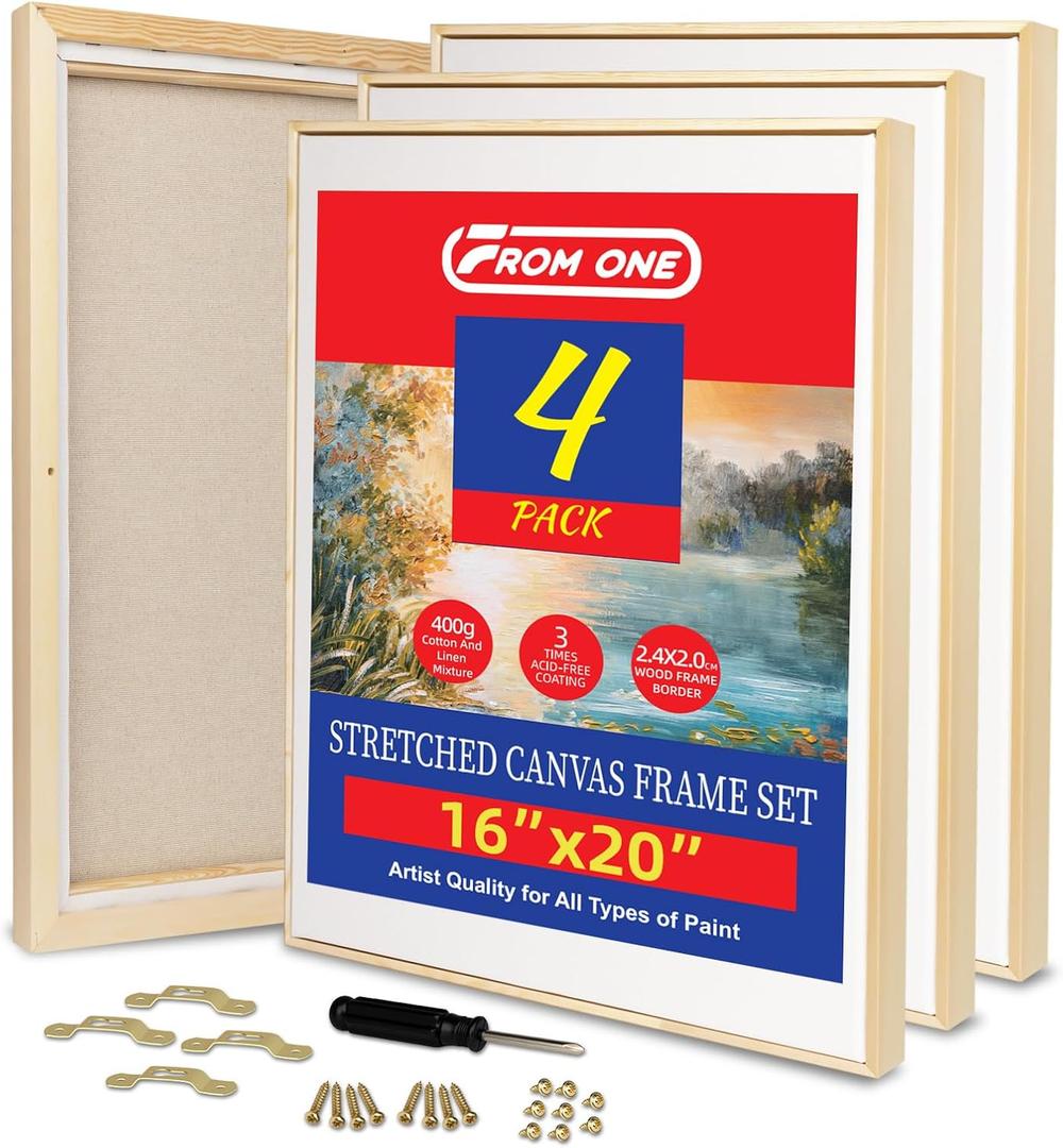 4 Pack 16 x 20 inch Floater Frame Canvas Gallery Wrapped Canvas Set with Cotton-Linen Blend (400 GSM), Triple Acid-Free Gesso, Warp Resistant, Ready to Hang for Oil and Acrylic