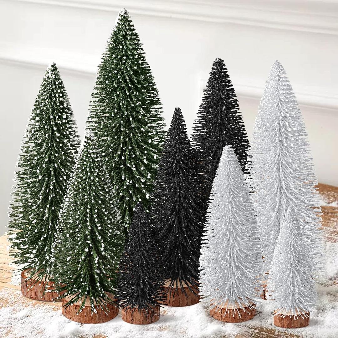 9Pcs Mini Christmas Trees Christmas Decor Artificial Christmas Decorations with 4 Sizes, Christmas Tree Bottle Brush Trees Christmas Table Decorations (Green Silver Black)