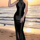 Memoriesea Women's Sexy High Split Sleeveless Backless Party Wedding Maxi Dress (Black, S)