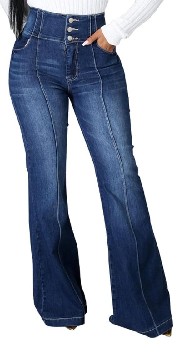 SeNight Women Bell Bottom Jeans Elastic Waist Ripped Flared Jean Destroyed Raw Hem Denim Pants (Small) SeNight Women Bell Bottom Jeans Elastic Waist Ripped Flared Jean Destroyed Raw Hem Denim Pants (Small)