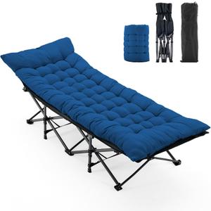 OLIXIS Folding Camping Cot, Rollaway Bed, Portable Camping Bed for Indoor & Outdoor, Sleeping Cot for Adults, 3.5'' Cushion, 440 lbs Sturdy Frame, Quick Setup, Compact Carry & Storage, Modern Blue, 74.4"x28"x14"