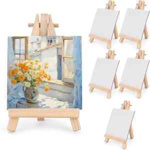 3 Inch Mini Canvas 5 Inch Mini Easel, 6 Pcs Small Painting Canvas with 6 Pcs Mini Easel, for Painting, Crafts, Photos etc