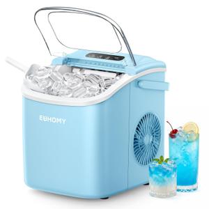 EUHOMY Countertop Ice Maker Machine with Handle, 26lbs Per Day, 9 Ice Cubes Ready in 6 Minutes, Automatic Cleaning Portable Ice Maker with Basket and Spoon, for Home,