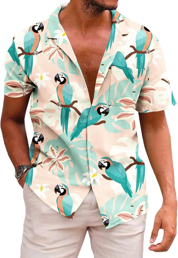 KYKU Men's Casual Button-Down Shirts Hawaiian Shirt Short Sleeve Beach Clothes with Pockets (Beige, XXL)