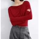SweatyRocks Women's Ruched Long Sleeve Tops Asymmetrical Neck Fitted T Shirts Work Top Red Medium