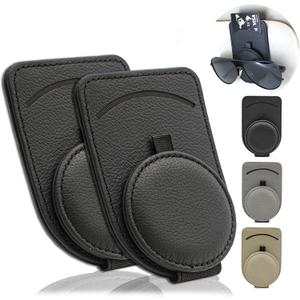 Sunglass Holder for Car Visor, Magnet Adsorbed Sunglasses Holder for Car Accessories Parts, Leather Car Sunglass Holder, Car Visor Sunglasses Clip for Glasses Cards (2PCS, Black)