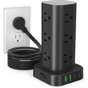 Power Strip Tower with Multiple Outlets, Flat Plug Surge Protector Tower Extension Cord with 12 AC Outlets 4 USB Ports (2 USB C), 10FT Cord Power Tower Surge Protector for Home Office Dorm Room, Black