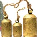 Decorative Cow Bells Set of 3 Large Harmony Bells - Vintage Giant Christmas Bells, Country Rustic Cowbell on Jute Rope XL Hanging Lucky Golden Bells (4"-6"-8")