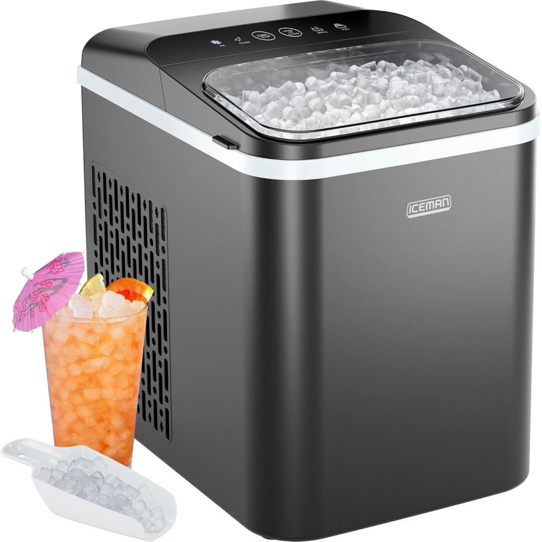 Iceman Compact Pebble Ice Machine, Countertop Nugget Ice Maker Produces Chewable Pellet Ice in 8 Minutes, Makes 26lbs/Day, One-Touch Cleaning Function with Ice Scoop/Basket Included  Black