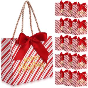 Moinchore 40 Pack Small Christmas Paper Bags with Handles Christmas Goodie Gift Bags with Bow Ribbon 5.5 x 2.4 x 4.7 Inches Xmas Candy Goodies Mini Sack(Red,Stripes)