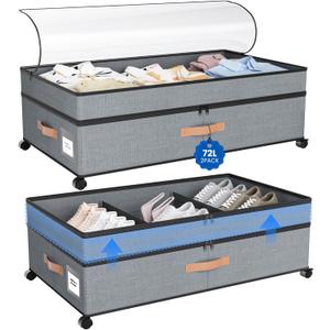 Under Bed Storage with Wheels, 72L XXL Under the Bed Storage Containers Large, 10 Tall Adjustable Storage for Underbed with Lids, Rolling for Shoes, Clothes, Blankets, Grey