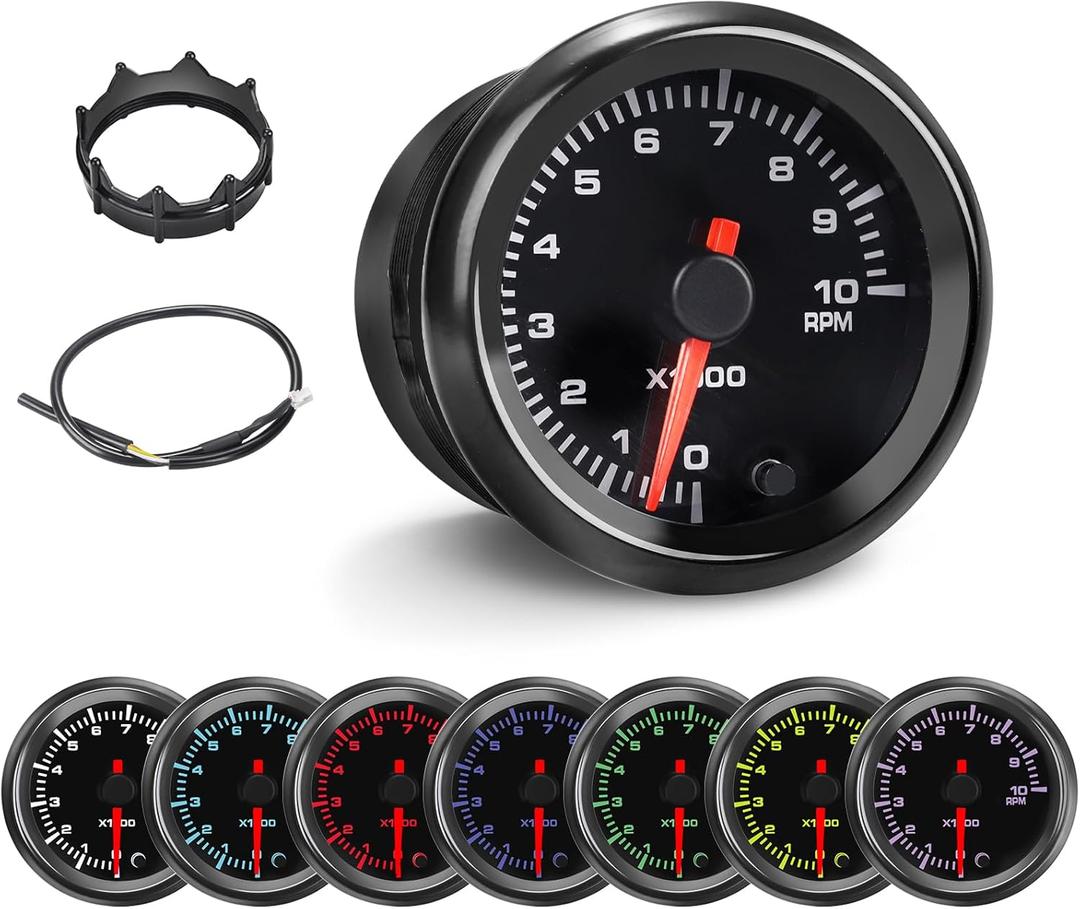 7 Color RPM Gauge, 10,000 RPM Tachometer Tach Gauge Kit 2-1/16" 52mm LED Backlight - Black Dial - Clear Lens - Accurately Displays The RPM of Vehicles with 1-10 Cylinder Gasoline Engines