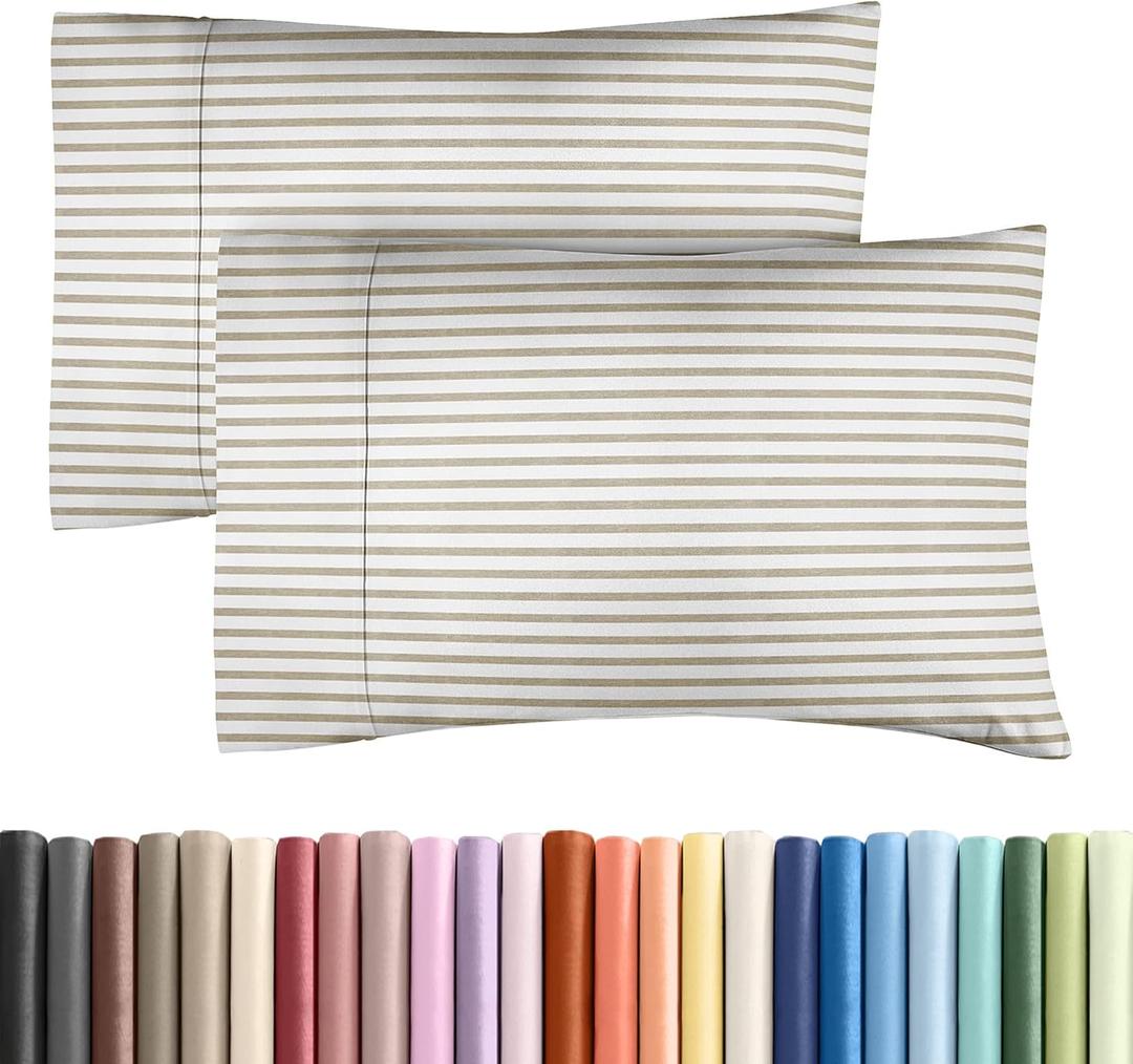 Queen Pillow Cases Set of 2 - Ultra Soft Hotel Quality Pillowcase Covers - Comfy, Cozy & Wrinkle Free - Shrinkage & Fade Resistant - Machine Washable Pillow Protectors - 2 Piece Set - Beige Stripes 2