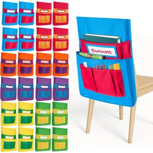 24 PCS Chair Pocket for Classroom, Chair Organizer, Student Chair back Buddy Pocket Chart, with 6 Storage Pockets and One Name Tag, Seat Storage Sack 15" W x 19" H, 6 Bright Colors