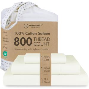 Threadmill Luxury 800 Thread Count 100% Cotton Sheets - Sateen Weave Twin XL Bed-Sheets, Better Than Egyptian Cotton,3 Pc Solid Soft Bedding Set (Ivory), Fits 15" Deep Pocket