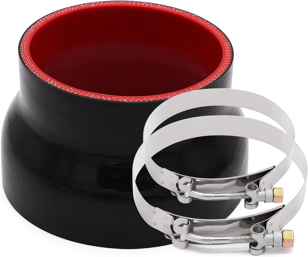 ID 4 to 5 inches Straight Black Silicone Reducer Coupler with 2 T-Bolt Clamps 4 Layers of Polyester Reinforcement Suitable High Level Turbo Pipe