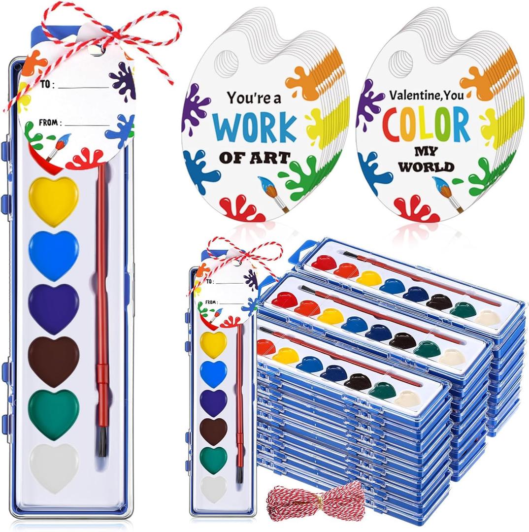 Sabary 28 Pack Watercolor Paint Set Bulk 8 Washable Water Color Paint with Card and Red Rope for Parties Birthday Party Favor Exchange Gift Prizes Graduation Present Art Supplies (Heart)
