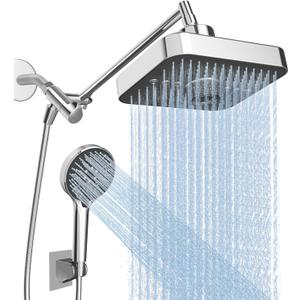 High Pressure Rainfall & Handheld Shower Head Combo, 3-Spray Fixed Showerhead and 6 Sprays Hand Held with 6ft Stainless Steel Hose and Adjustable Extension Arm (Silver black)