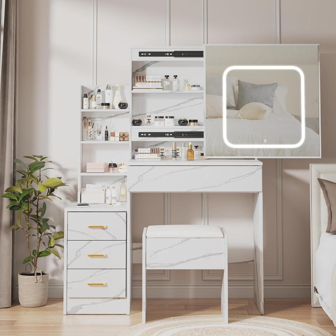 Vanity Desk with Mirror and LED Lights, Makeup Vanity Desk with Sliding Lighted Mirror, Power Outlet, Dressing Table with 4 Drawers, Storage Shelves & Stool for Bedroom, Marble-White