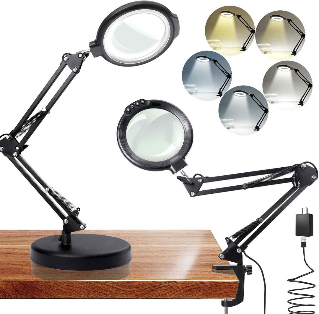 12X Large Magnifying Glass with Light and Stand, 5.2 Inch Magnifier with 5 Color Modes Stepless Dimmable, Hands Free Magnifying Glass Desk Lamp for Reading Crafts Repair Close Work, Black