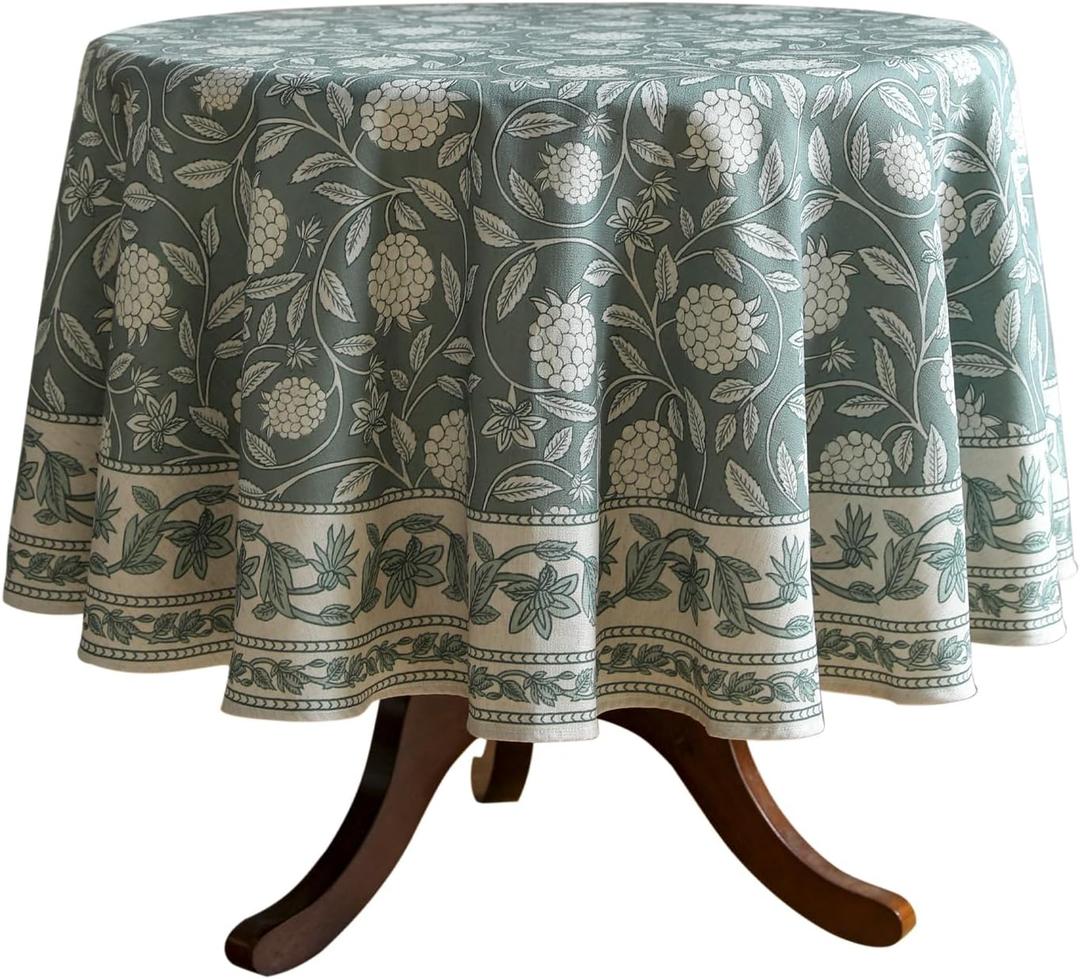 ISAENNE Designer Grayish Green Linen Small Round Tablecloth,Floral Stain Resistant Table Cloth,Fall Vintage Decor Tablecloths for Dining Thanksgiving Kitchen Party,Diameter 55"-Andrew A