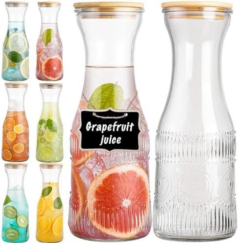 wookgreat Glass Carafe Pitchers with Lids, Set of 4 1 Liter Embossed Designed Beverage Pitcher Carafe Set for Mimosa Bar, Juice Container for Brunch, Cold Water, Juice -With 4 Wooden Chalkboard Tags