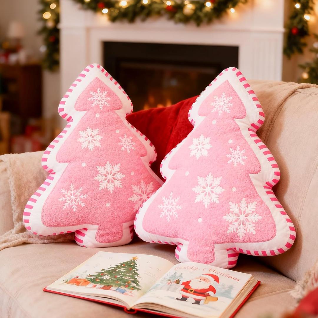 Lanpn Christmas Tree Pillows Set of 2, Christmas Decoration Winter Soft Cute 3D Shaped Xmas Tree Throw Cushion with Snowflake for Sofa Living Room Bedroom Xmas Decor (17x19 inch, Pink)