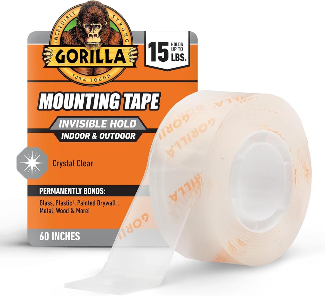 Gorilla Invisible Hold Mounting Tape, 1" x 60" (Pack of 1), Clear Double Sided Tape for Strong, Permanent Indoor & Outdoor Hanging