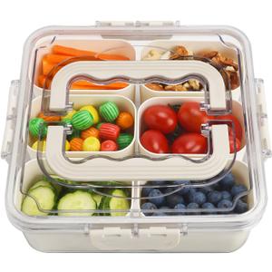 SMALL Divided Serving Tray with Lid and Handle, Portable Snack Box Container, 6 Compartments Veggie Fruit Snackle Tray,Charcuterie Box Container for Party, Travel, Entertaining,Picnic, SMALL SIZE (White)
