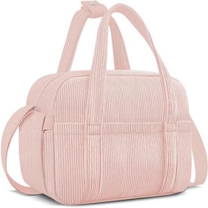 Lunch Box Lunch Bag for Women Adults Men, Cute Insulated Reusable Lunchbox Leakproof Simple Lunch Boxes Soft Corduroy Lunch Tote Bag Large Cooler Bag Containers, with Shoulder Strap (Pink)