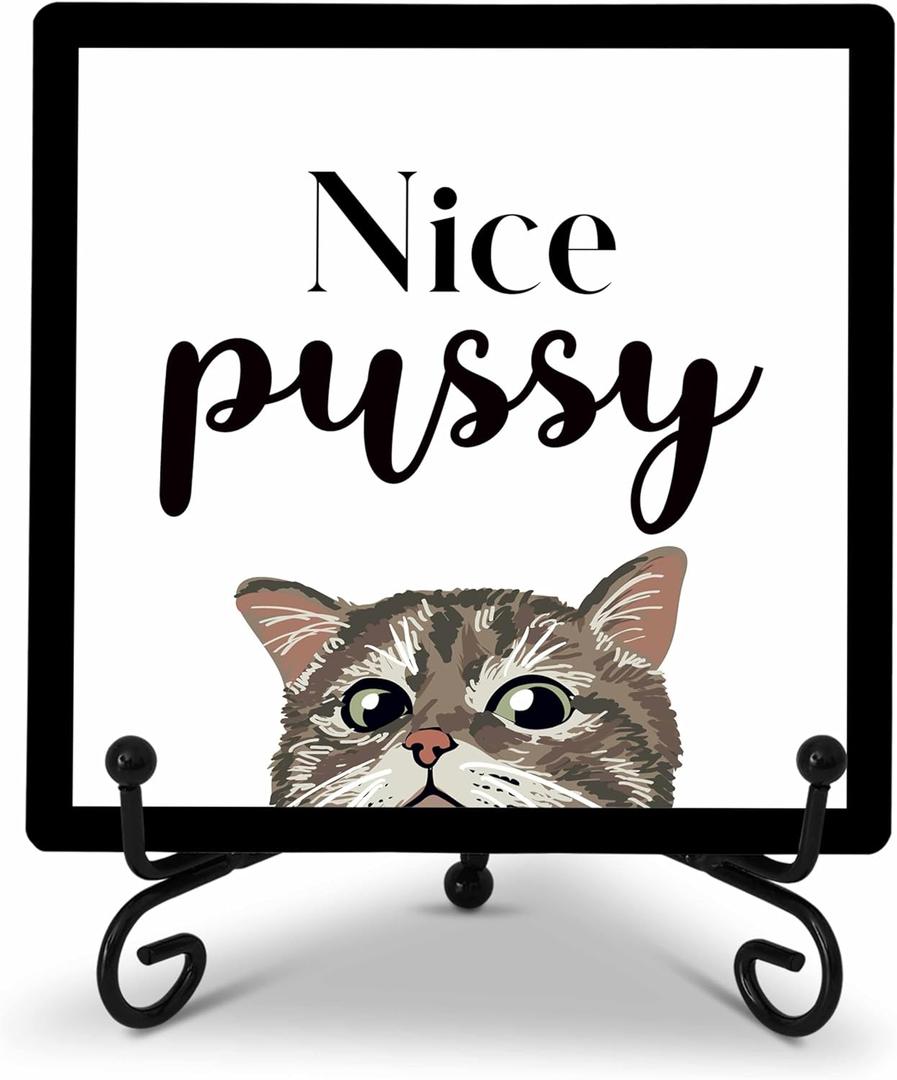 Bathroom Decor Wood Plaque, Nice Pussy Wood Block, Funny 5x5 Inch Shelf Decor Plaque, Home Farmhouse Bathroom Public Toilet Kids Bathroom Wood Sign, One Piece-A(11)