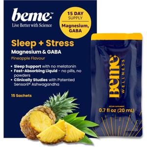 BeMe Magnesium Drink for Sleep - Melatonin-Free Magnesium for Sleep with Ashwagandha, L-Theanine & GABA - Fast-Absorbing Calm Pineapple - 15 Sachets