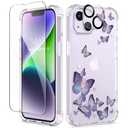 GVIEWIN for iPhone 14 Case Floral, with Screen Protector+Camera Lens Protector, [Non Yellowing]Soft Shockproof Clear Phone Protective Cover Women, Flower Pattern Design 6.1"(Alluring Butterfly/Purple)