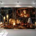 Halloween Banner 71x43 Inch Rustic Pumpkin Backdrop Banner with Candles and Ghost Scene Trick or Treat Sign for Indoor Wall or Porch Halloween Decorations Outdoor with Hooks and Rope