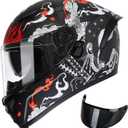 TRIANGLE Motorcycle Helmets Full face Helmet for Adults Men and Women Dual Visor with Internal Sunshield DOT Approved (Matte Black White, X-Large)