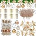 124 Pcs Christmas Tree Ornament Set Assortment Christmas Shatterproof Champagne Balls Poinsettia Glitter Flowers Artificial Berry Stem Branches and Gold Icicle for Xmas Hanging Decorations