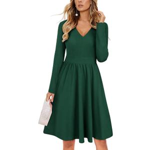 ULTRANICE Women's Fall Casual Long Sleeve Dresses V Neck Swing Midi Dress with Pockets (Green, XXL)