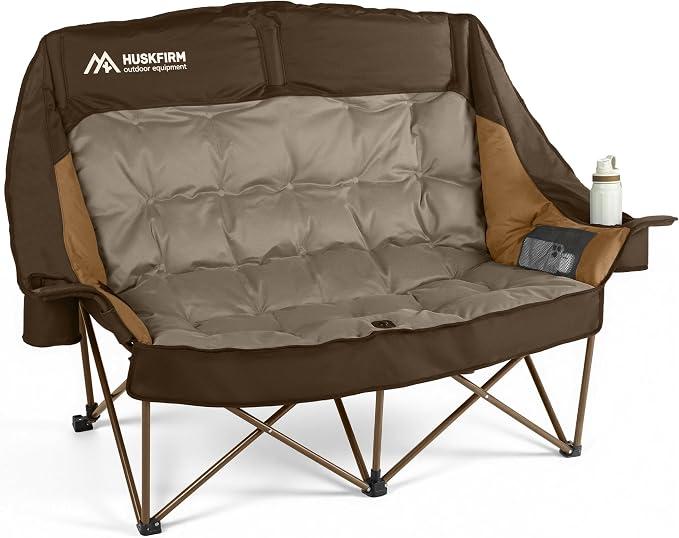 Huskfirm High Back Double Camping Chair 2 Person Camping Chair Brown | Low Seat Loveseat Camping Chair Fully Padded Oversized Camping Couch for Adults - Supports 650 LBS with Cup Holders Carry Bag