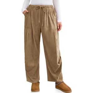TARSE Women Corduroy Baggy Harem Pants Drawstring Loose Wide Leg Casual Lounge Pant 2025 Travel Vacation Clothes with Pockets (Brown, M)