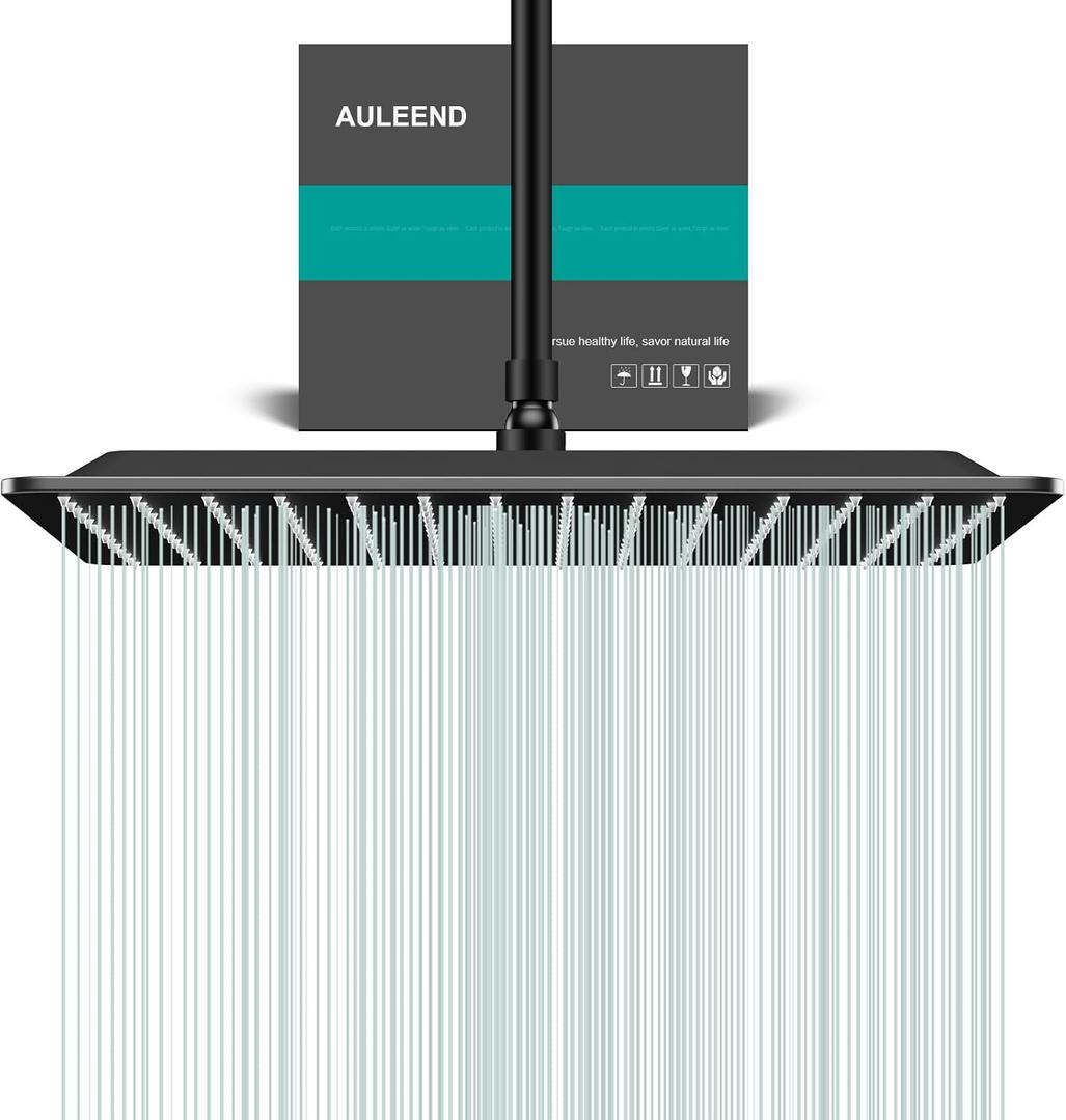 Square Rain Shower Head, High Flow Stainless Steel,Work with any decorative styleAll Metal Rainfall Shower Head (Matte Black, 16)