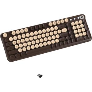 Wireless Bluetooth Keyboard - Full Size Retro Round Typewriter Style Wireless Keyboard with 2.4GHz & Bluetooth Dual-Mode Compatibility for PC, Laptop, Windows, Mac, and More (Coffee)