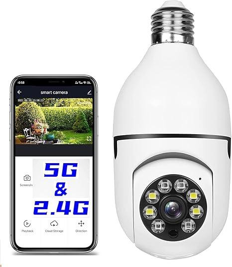 1Pcs Light Bulb Security Camera 2.4GHz & 5G WiFi Outdoor, 1080P E27 Light Socket Security Camera, Indoor 360° Home Security Cameras, Full Color Day and Night, Smart Motion Detection (1PCS, Support 5G)