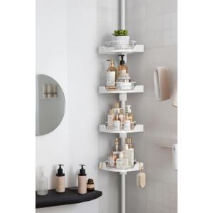 shuang qing 360 Rotating Corner Shower Caddy Tension Pole Organizer - 4-Tier Adjustable Rustproof Metal Pole, Plastic Shelves with Safety Guardrail, Bathroom Storage for Shower & Bathtub(White) (Rotation)